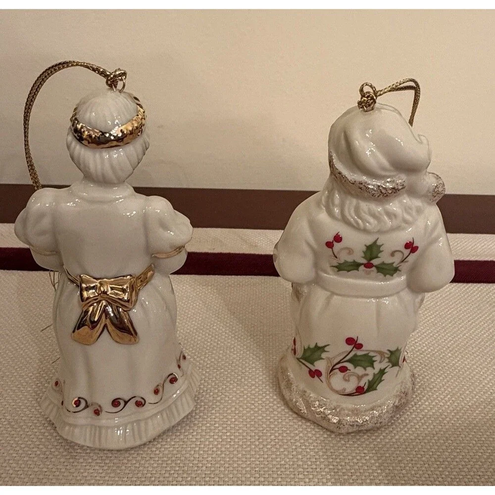Lenox Mr. & Mrs. Santa Claus Boxed Ornament Set Holly Motif Gold Trim Vintage
